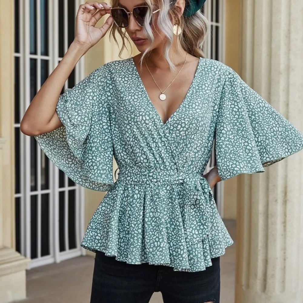 SHEIN Green and White Peplum Blouse